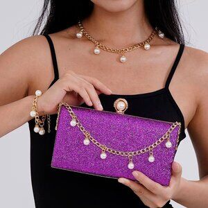 3 Piece Set Purple Clutch Crossbody Handbag Pearl Bracelet & Chain